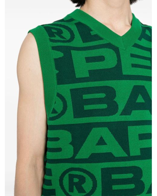 A Bathing Ape Green Logo-intarsia V-neck Vest for men