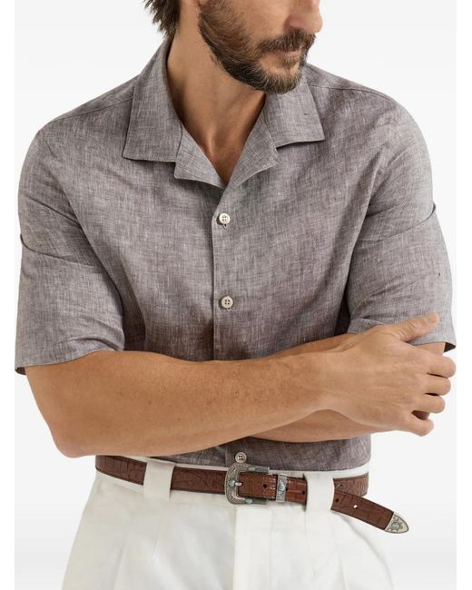 Brunello Cucinelli Gray Camp-Collar Short-Sleeve Shirt for men