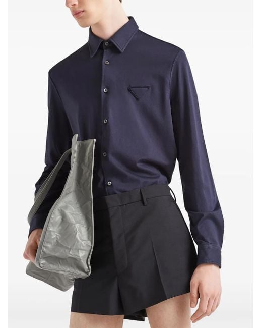 Prada Blue Logo-Patch Cotton Shirt for men