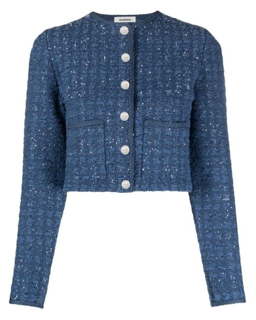 Sandro Blue Sequin-embellished Cropped Tweed Jacket