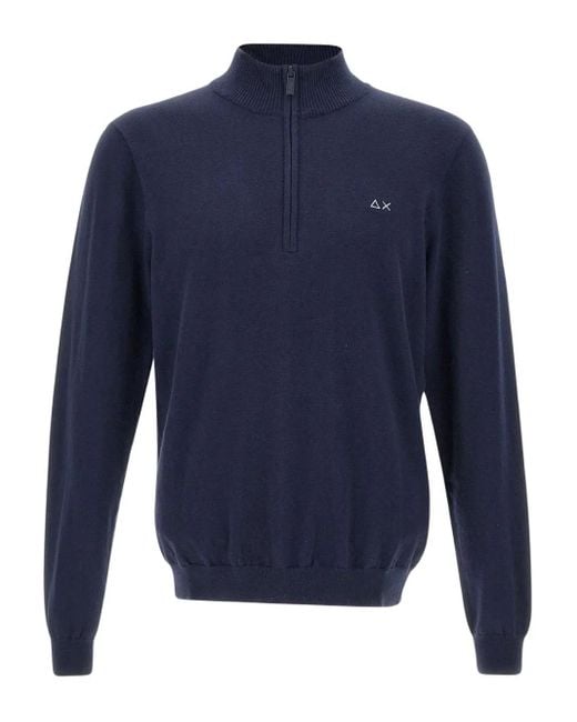 Sun 68 Blue Embroidered-Logo Half-Zip Sweater for men