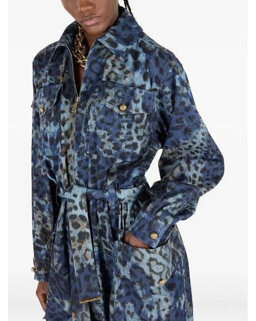 Roberto Cavalli Blue Animal-Print Belted Jumpsuit