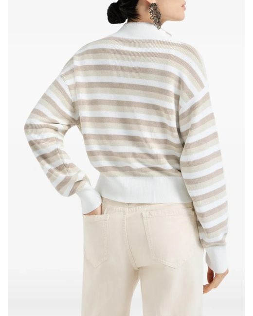 Brunello Cucinelli White Ribbed Striped Cardigan