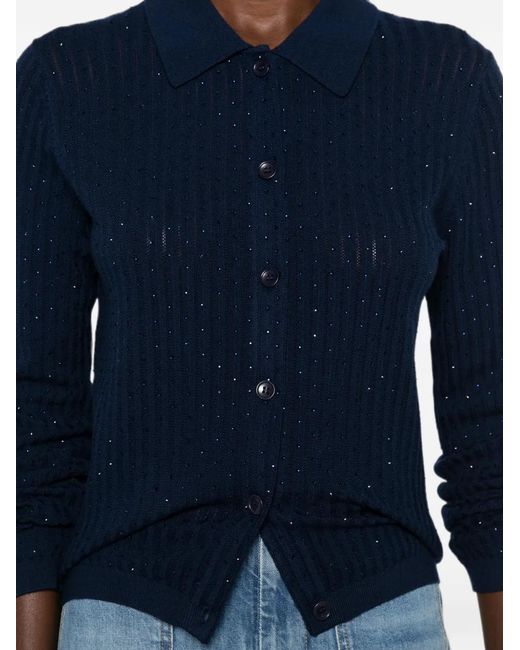 Maje Blue Pointelle-Knit Rhinestone-Embellished Cardigan