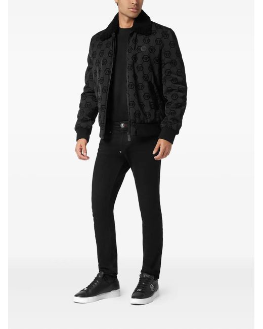 Philipp Plein Black Monogram Shearling-Collar Bomber Jacket for men