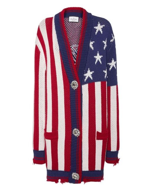 Philipp Plein Red Distressed Oversize Cardigan America