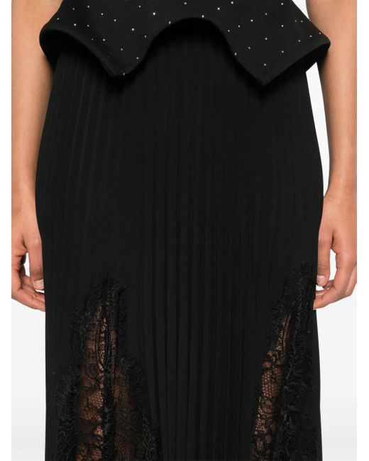 Nissa Black Lace-Insert Pleated Midi Skirt