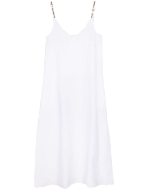 120% Lino White Rhinestone-embellished Linen Midi Dress