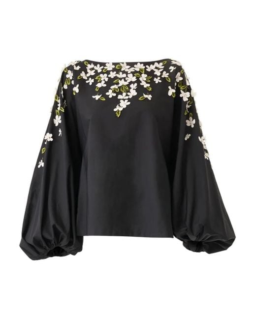 Carolina Herrera Black Boat-Neck Floral Embroidered Balloon-Sleeve Top