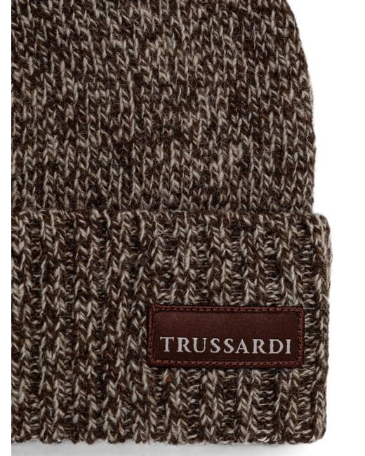 Trussardi Brown Mouliné Logo-Patch Ribbed Beanie Hat