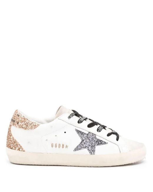 Golden Goose Deluxe Brand White 'Super-Star' Sneakers With Star And Glitter Heel