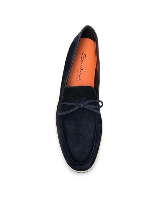 Santoni Blue Bow-Detail Suede Boat Shoes for men
