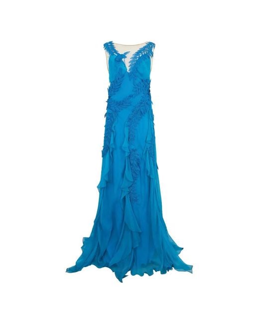 Alberta Ferretti Blue Leaf-Applique Ruffled Maxi Dress