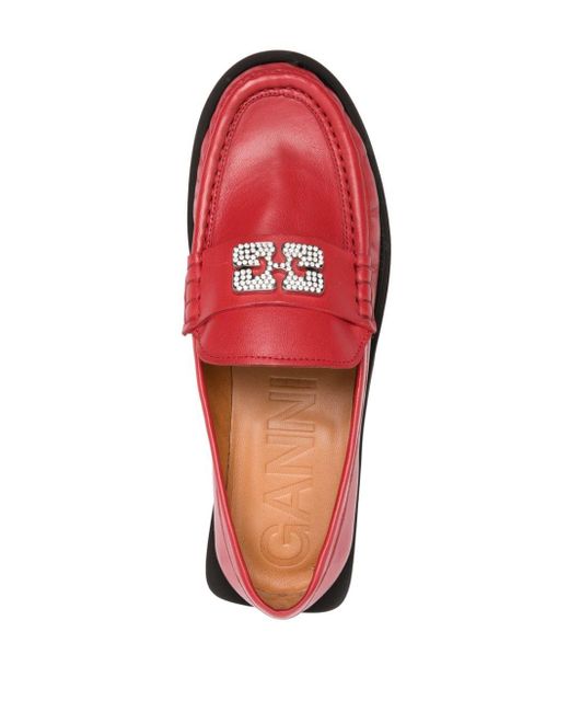 Ganni Red Rhinestone-embellished Leather Loafers