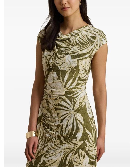 Ralph Lauren Metallic Leaf-Print Cowl-Neck Midi Dress