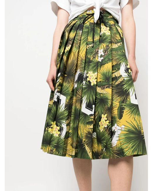 Iceberg Green Tropical-Print Pleated Skirt