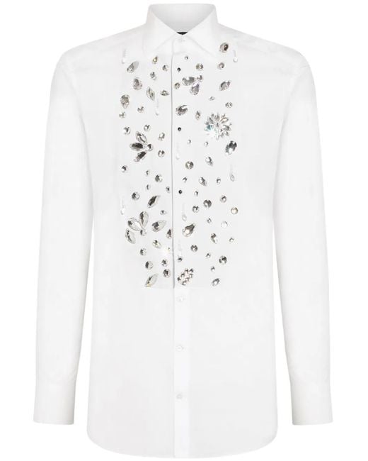 Dolce & Gabbana White Rhinestone-Embellished Cotton Shirt for men