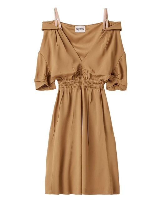 Miu Miu Natural Sablé Shoulder-Strap Smocked Dress