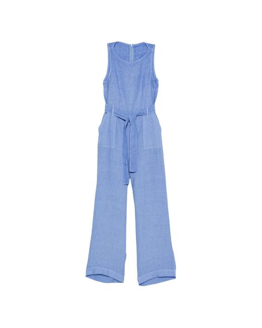 120% Lino Blue Belted Sleeveless Jumpsuit