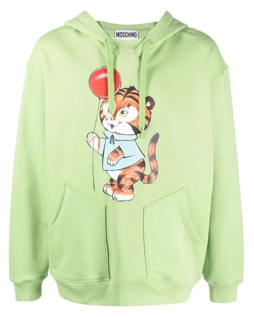 Moschino Green Graphic Print Drawstring Hoodie for men