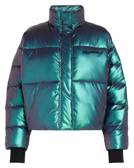 Karl Lagerfeld Blue Iridescent Cropped Puffer Jacket
