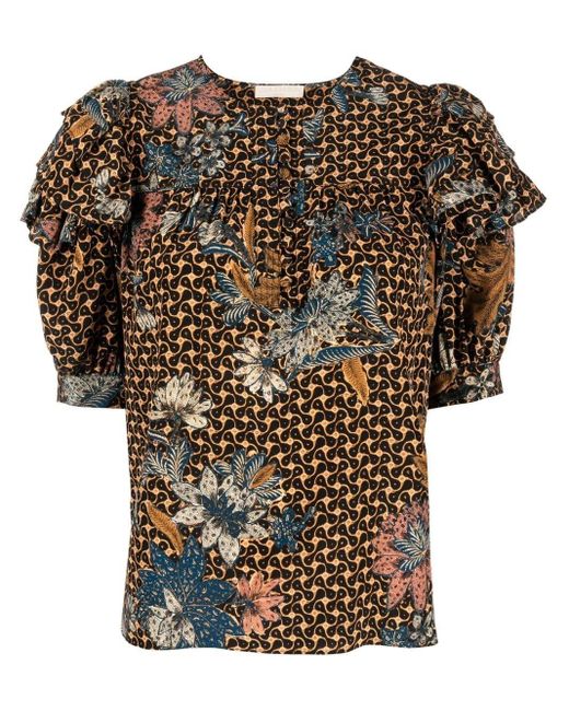Ulla Johnson Floral-print Puff-sleeve Silk Blouse in Brown | Lyst
