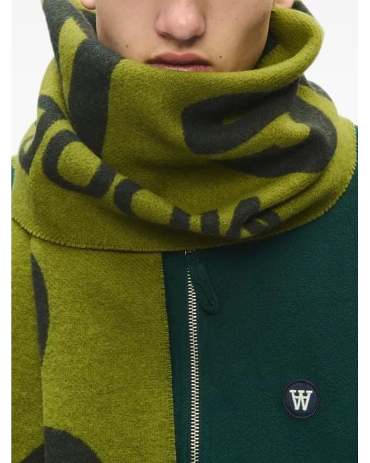 WOOD WOOD Green Wwleon Logo-Print Fringed Scarf