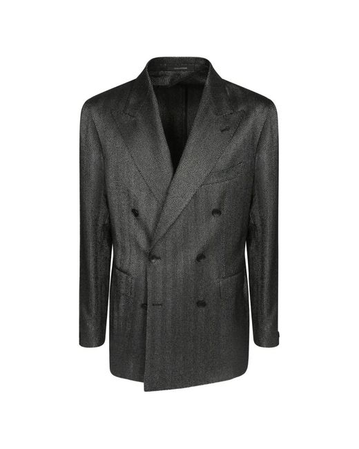 Tagliatore Black Double-Breasted Herringbone-Pattern Blazer for men