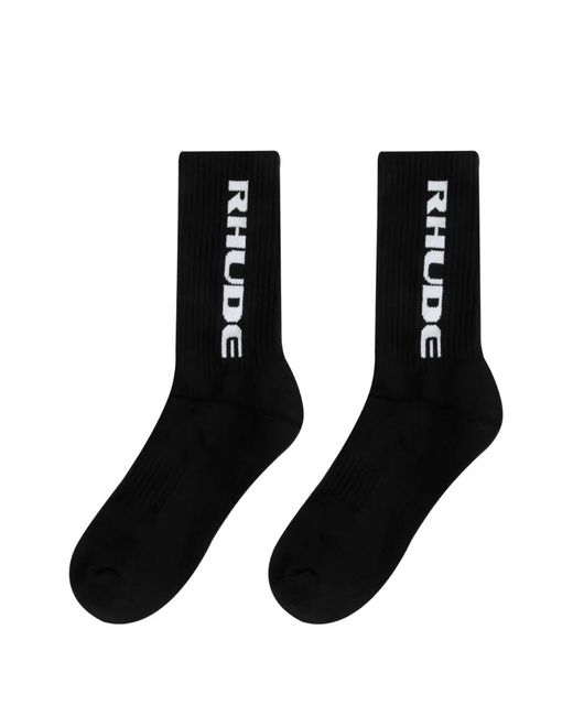 Rhude Black Logo-Intarsia Ribbed-Knit Socks for men