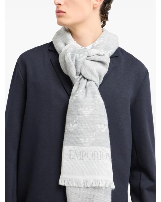 Emporio Armani Gray Logo-Pattern Fringed Scarf for men