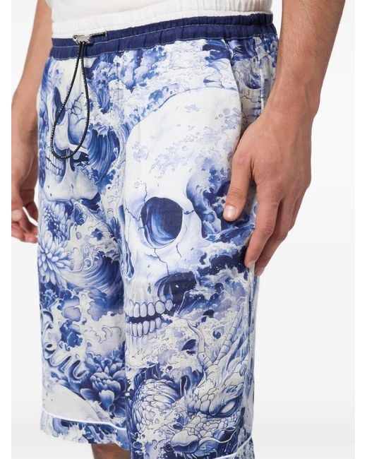 Philipp Plein Blue Printed Bowling Shorts for men