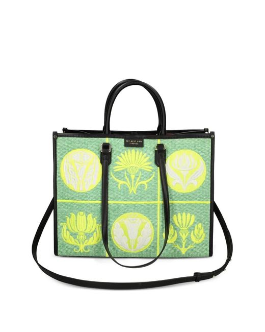MY BEST BAG Green Embroidered-Pattern Tote Bag
