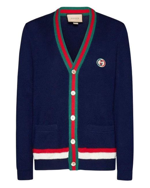 Gucci Blue Web-Stripe Button-Up Cardigan for men