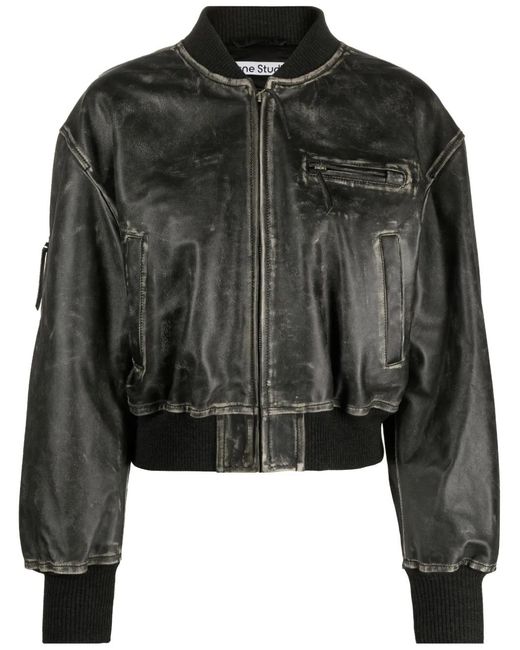 Acne Black Aged Leather Bomber Jacket With Distressed Treatment