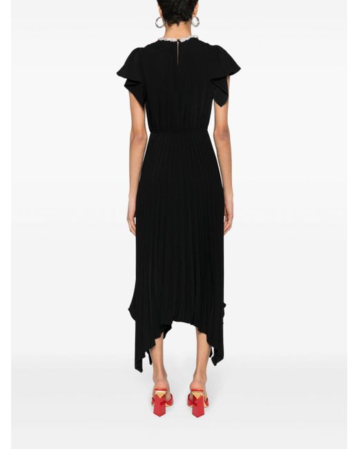 Nissa Black Crystal-embellished Pleated Midi Dress