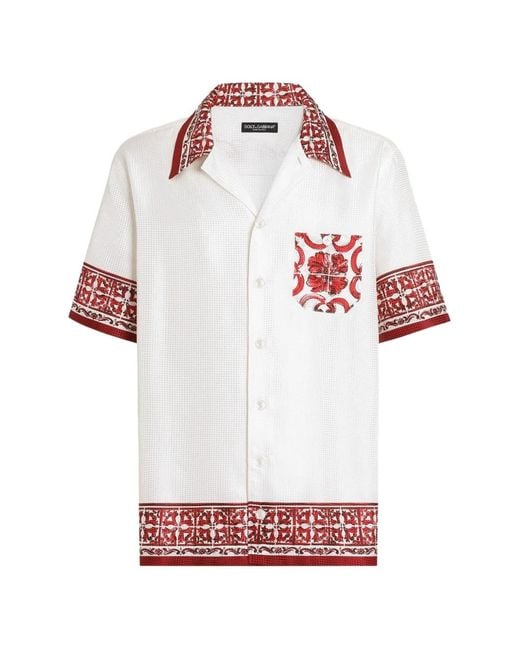 Dolce & Gabbana White Majolica-Print Bright Jacquard Hawaii Shirt for men