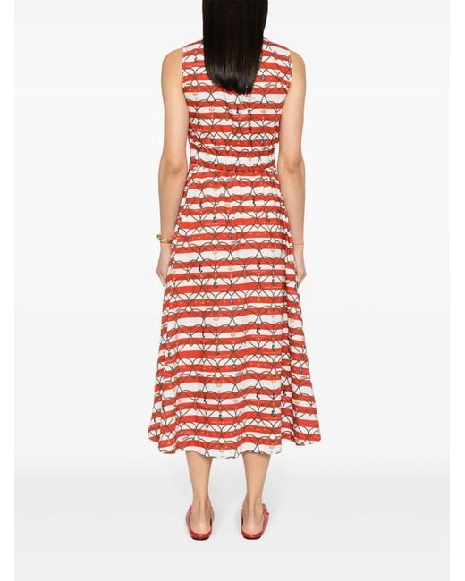 ALESSANDRO ENRIQUEZ Red Motif-Print Striped Cotton Dress