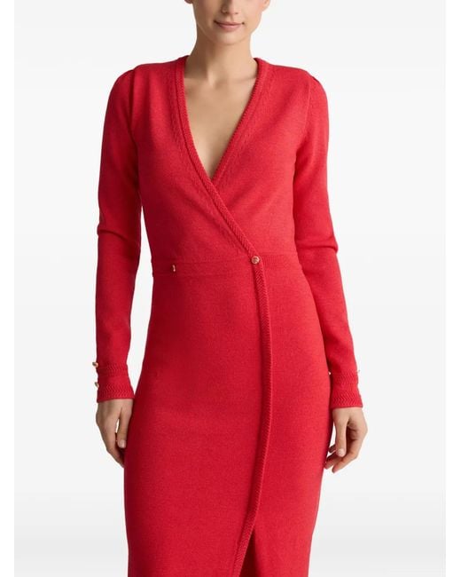 St. John Red Bracelet Knit V-Neck Midi Dress