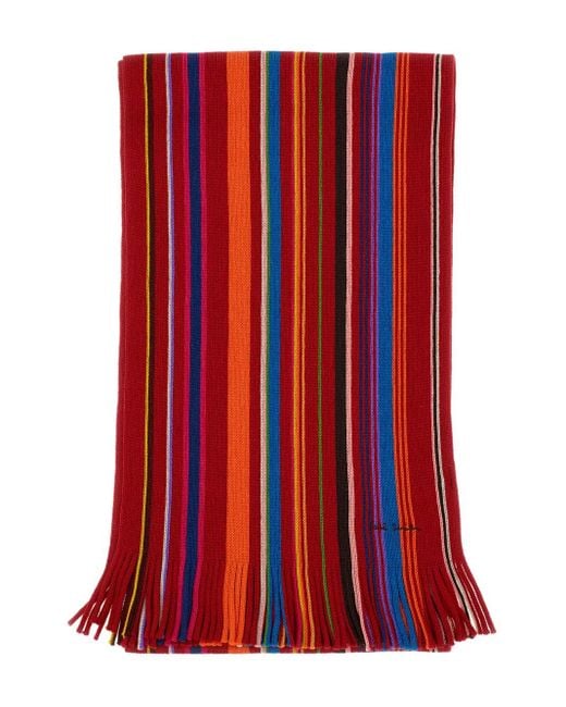 メンズ Paul Smith ストライプ フリンジ スカーフ Red