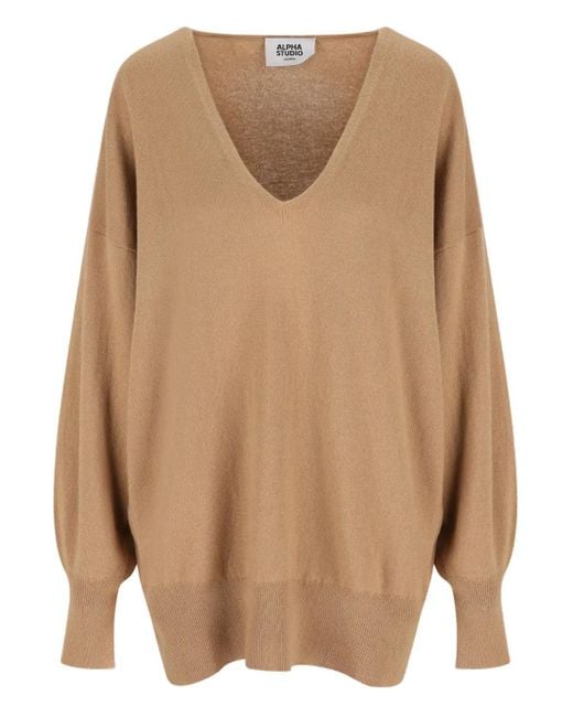 Alpha Studio カシミア Vネックセーター Brown