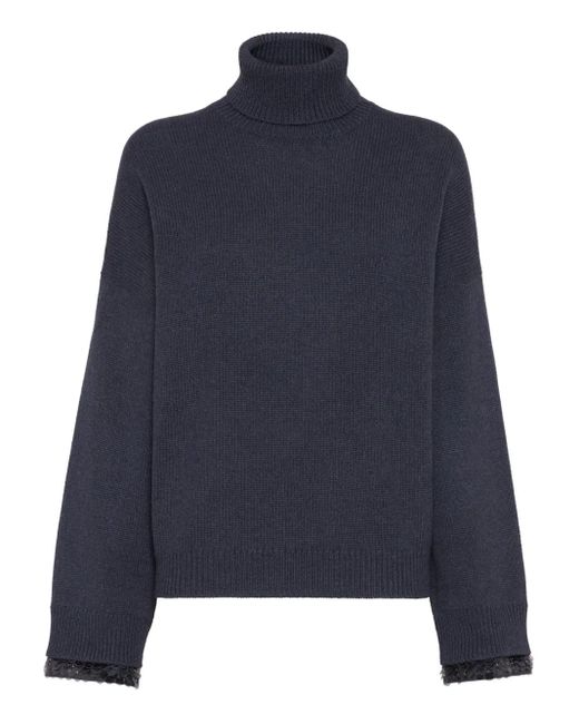 Brunello Cucinelli Blue Sequin-Embellished Turtleneck Sweater