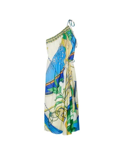 Tory Burch Blue Printed One-Shoulder Cotton Dress