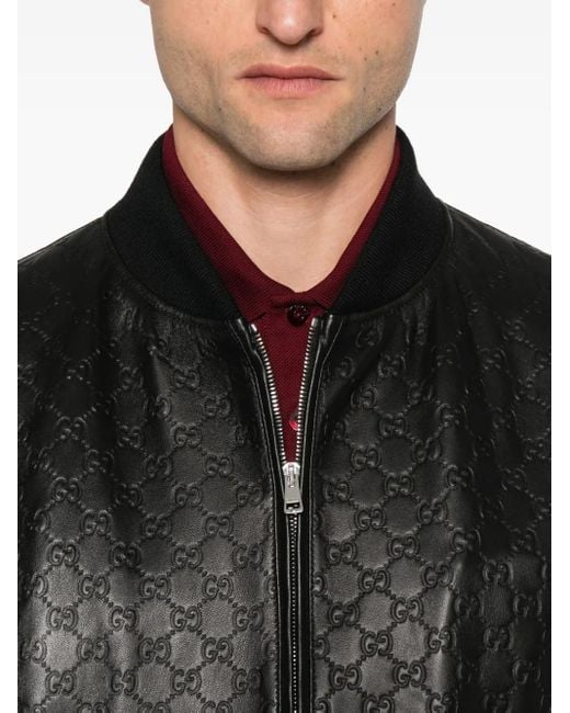Gucci Black Embossed Gg Leather Bomber Jacket for men