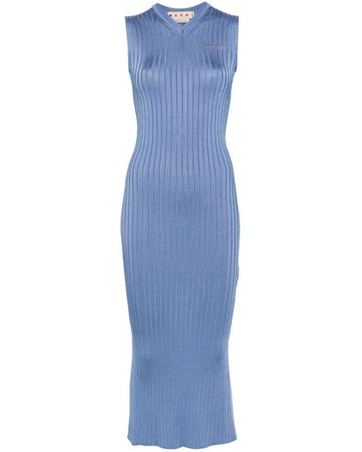 Marni Logo-jacquard Ribbed-knit Maxi Dress in het Blue