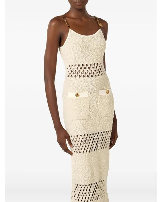Elisabetta Franchi White Cut-Out Chain Bouclé Maxi Dress