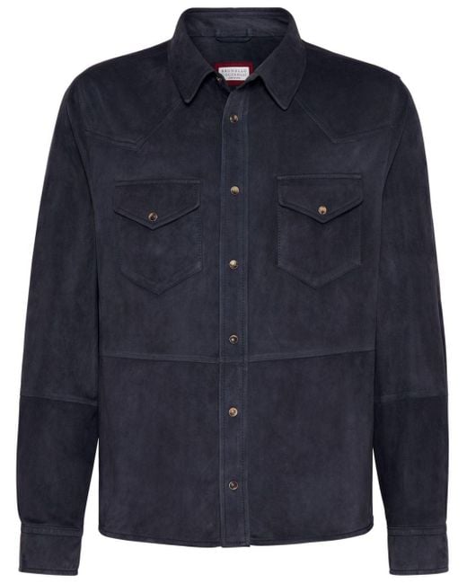 Brunello Cucinelli Blue Spread-collar Leather Shirt Jacket for men