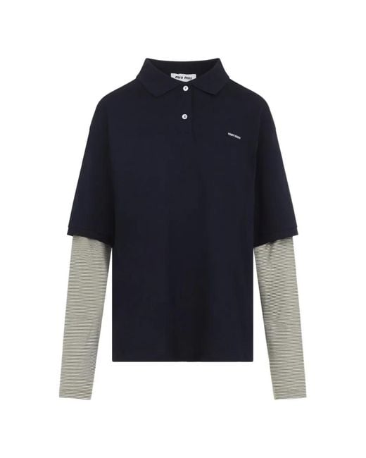 Miu Miu Blue Layered-Sleeve Striped Polo Shirt