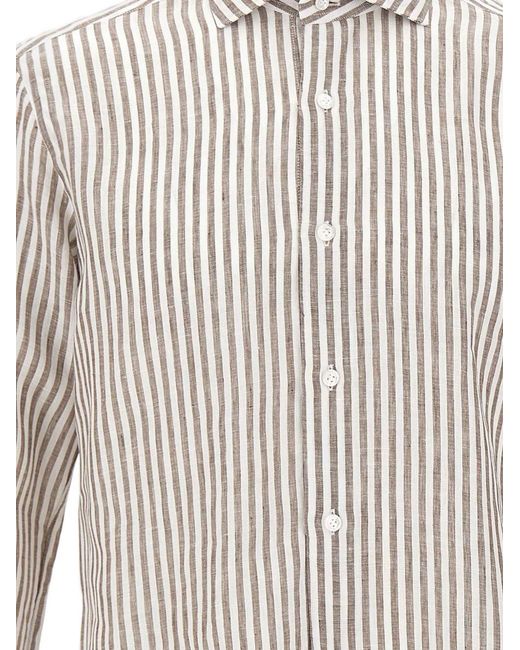 Barba Napoli White Striped Button Linen Shirt for men