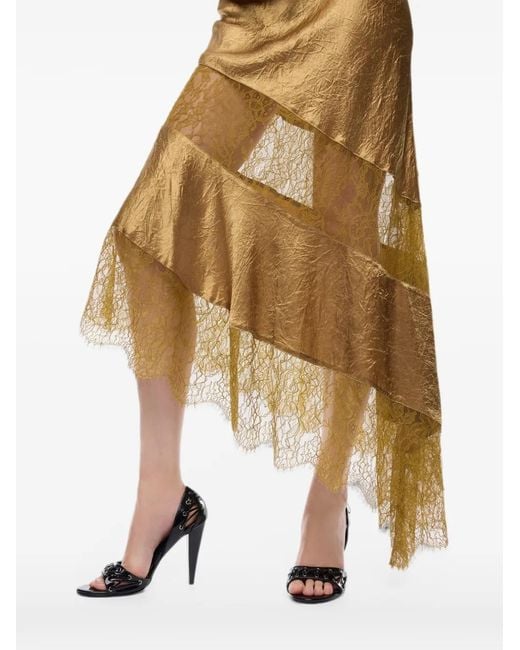 Pinko Metallic Asymmetric Satin Midi Dress With Lace