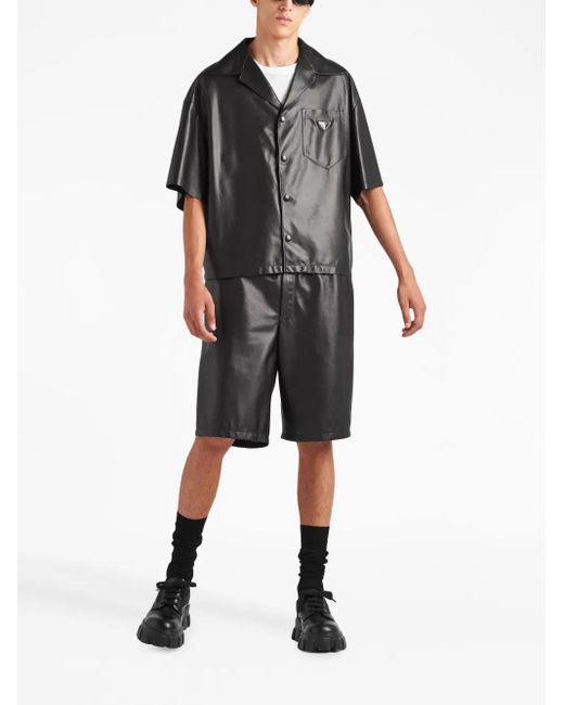 Prada Black Triangle-Logo Leather Bermuda Shorts for men